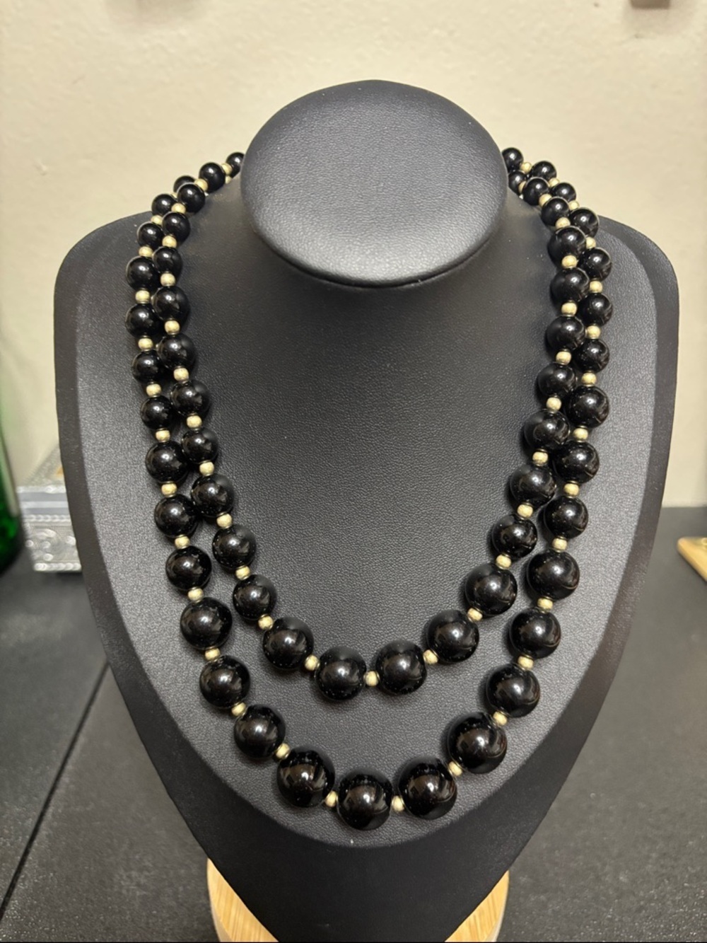 Vintage Black Glass Layered Gold Tome Necklace Statement